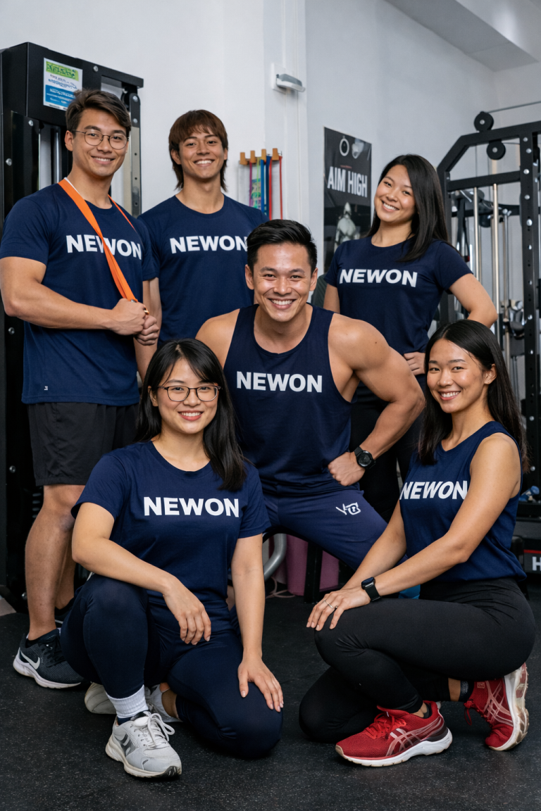 gym team poses in matching shirts